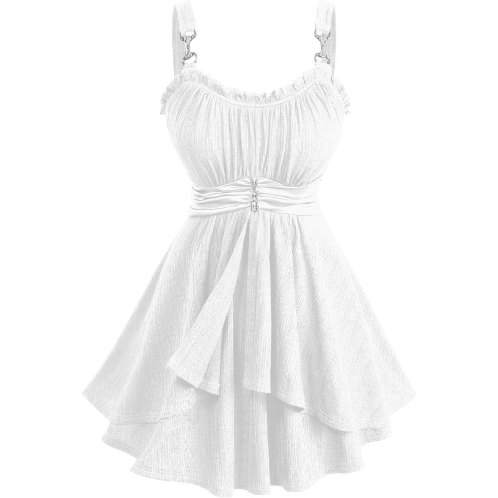 image:imageROSE GAL Women Plus Size Elegant Summer Babydoll Tank Top Ruffles Knot Backless Flowy Plisse TopWhite1