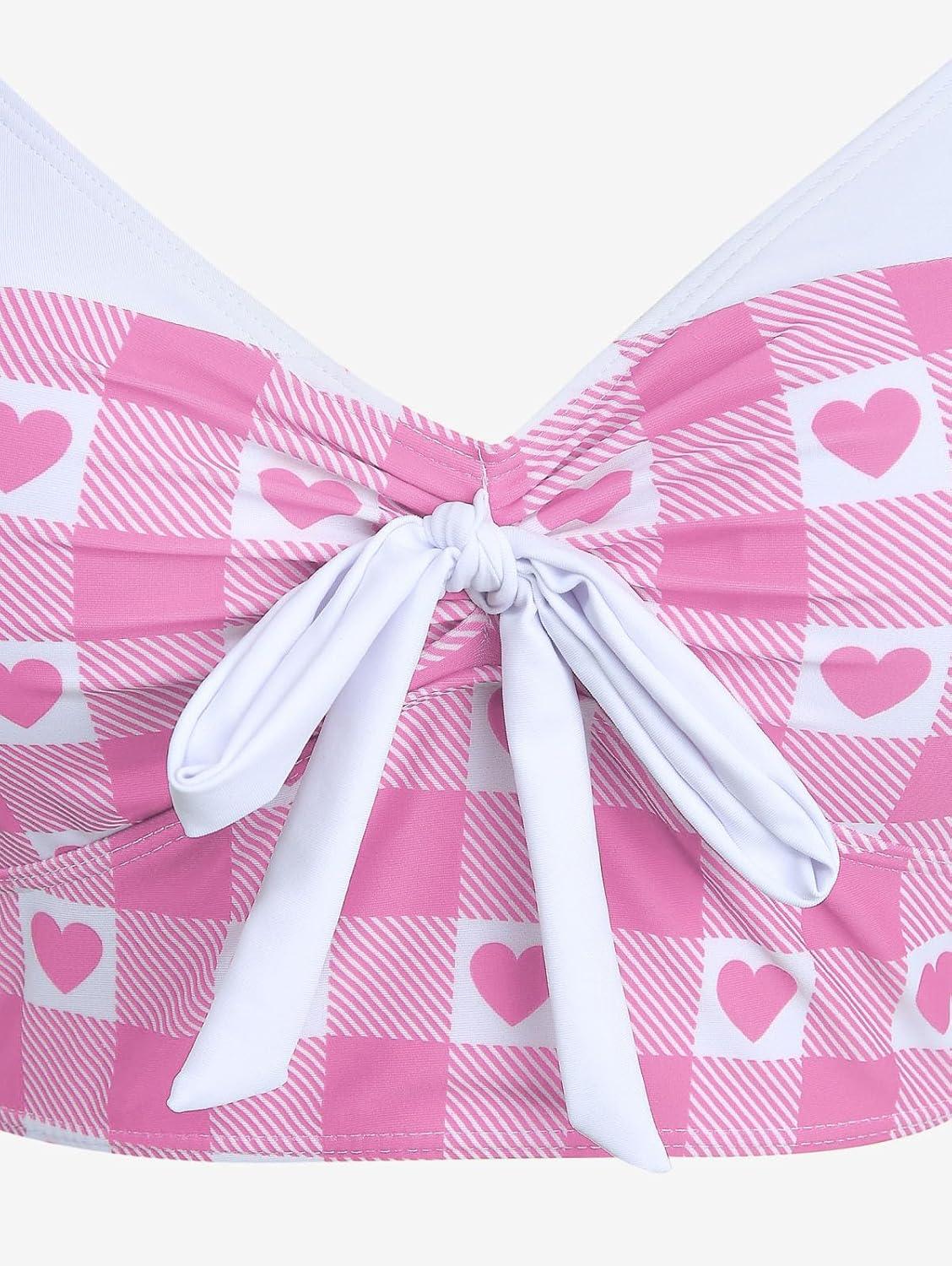 image:imageROSE GAL Women Plus Size Retro Bikini Gingham Two Piece Swimsuit with Skirt Halter Tummy Control Bathing SuitPink