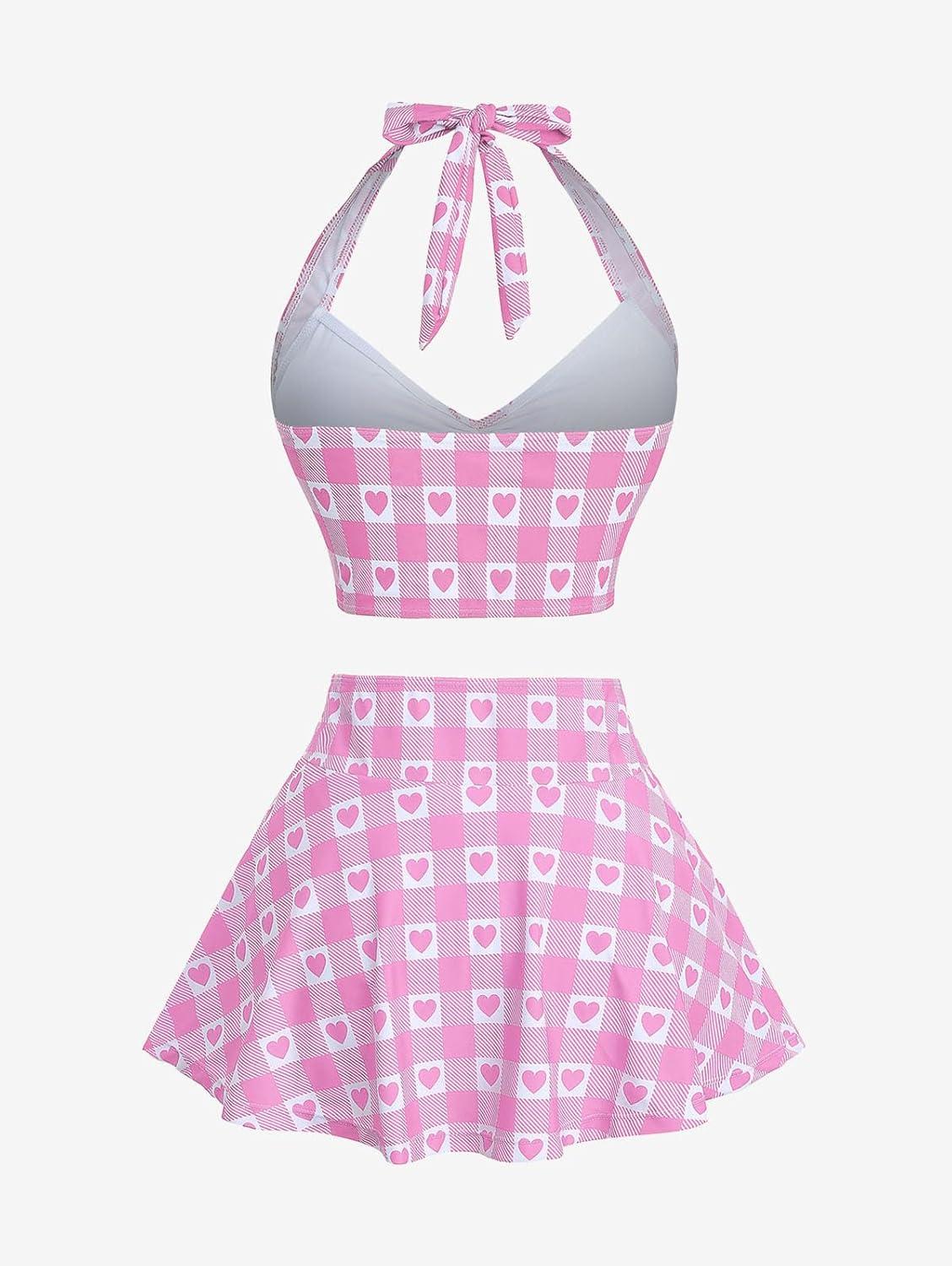 image:imageROSE GAL Women Plus Size Retro Bikini Gingham Two Piece Swimsuit with Skirt Halter Tummy Control Bathing SuitPink