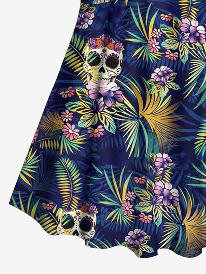 image:imageRosegal Women Plus Size Goth Two Piece Tankini Set Skull Rose Flower Halter SwimsuitsBlue1