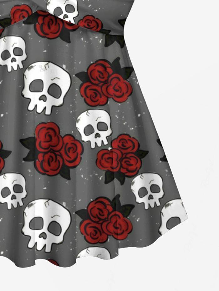 image:imageRosegal Women Plus Size Goth Two Piece Tankini Set Skull Rose Flower Halter SwimsuitsGray1