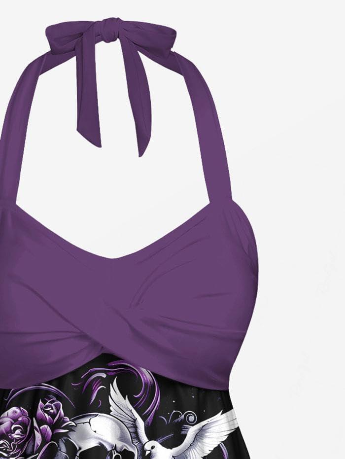 image:imageRosegal Women Plus Size Goth Two Piece Tankini Set Skull Rose Flower Halter SwimsuitsPurple1