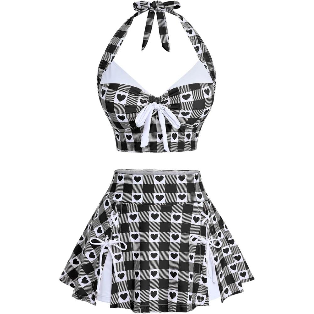 image:imageROSE GAL Women Plus Size Retro Bikini Gingham Two Piece Swimsuit with Skirt Halter Tummy Control Bathing SuitBlack