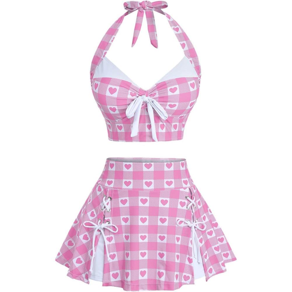 image:imageROSE GAL Women Plus Size Retro Bikini Gingham Two Piece Swimsuit with Skirt Halter Tummy Control Bathing SuitPink