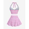 ROSE GAL Women Plus Size Retro Bikini Gingham Two Piece Swimsuit with Skirt Halter Tummy Control Bathing Suit(Pink)