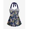 Rosegal Women Plus Size Goth Two Piece Tankini Set Skull Rose Flower Halter Swimsuits(Blue_1)