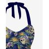 Rosegal Women Plus Size Goth Two Piece Tankini Set Skull Rose Flower Halter Swimsuits(Blue_1)
