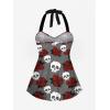 Rosegal Women Plus Size Goth Two Piece Tankini Set Skull Rose Flower Halter Swimsuits(Gray_1)