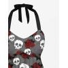 Rosegal Women Plus Size Goth Two Piece Tankini Set Skull Rose Flower Halter Swimsuits(Gray_1)