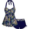 Rosegal Women Plus Size Goth Two Piece Tankini Set Skull Rose Flower Halter Swimsuits(Blue_1)