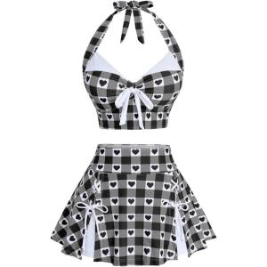 ROSE GAL Women Plus Size Retro Bikini Gingham Two Piece Swimsuit with Skirt Halter Tummy Control Bathing Suit(Black)