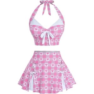 ROSE GAL Women Plus Size Retro Bikini Gingham Two Piece Swimsuit with Skirt Halter Tummy Control Bathing Suit(Pink)