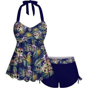 Rosegal Women Plus Size Goth Two Piece Tankini Set Skull Rose Flower Halter Swimsuits(Blue_1)