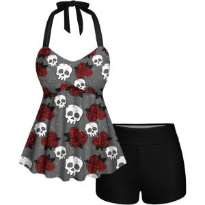 Rosegal Women Plus Size Goth Two Piece Tankini Set Skull Rose Flower Halter Swimsuits(Gray_1)