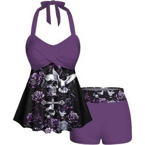 Rosegal Women Plus Size Goth Two Piece Tankini Set Skull Rose Flower Halter Swimsuits(Purple_1)