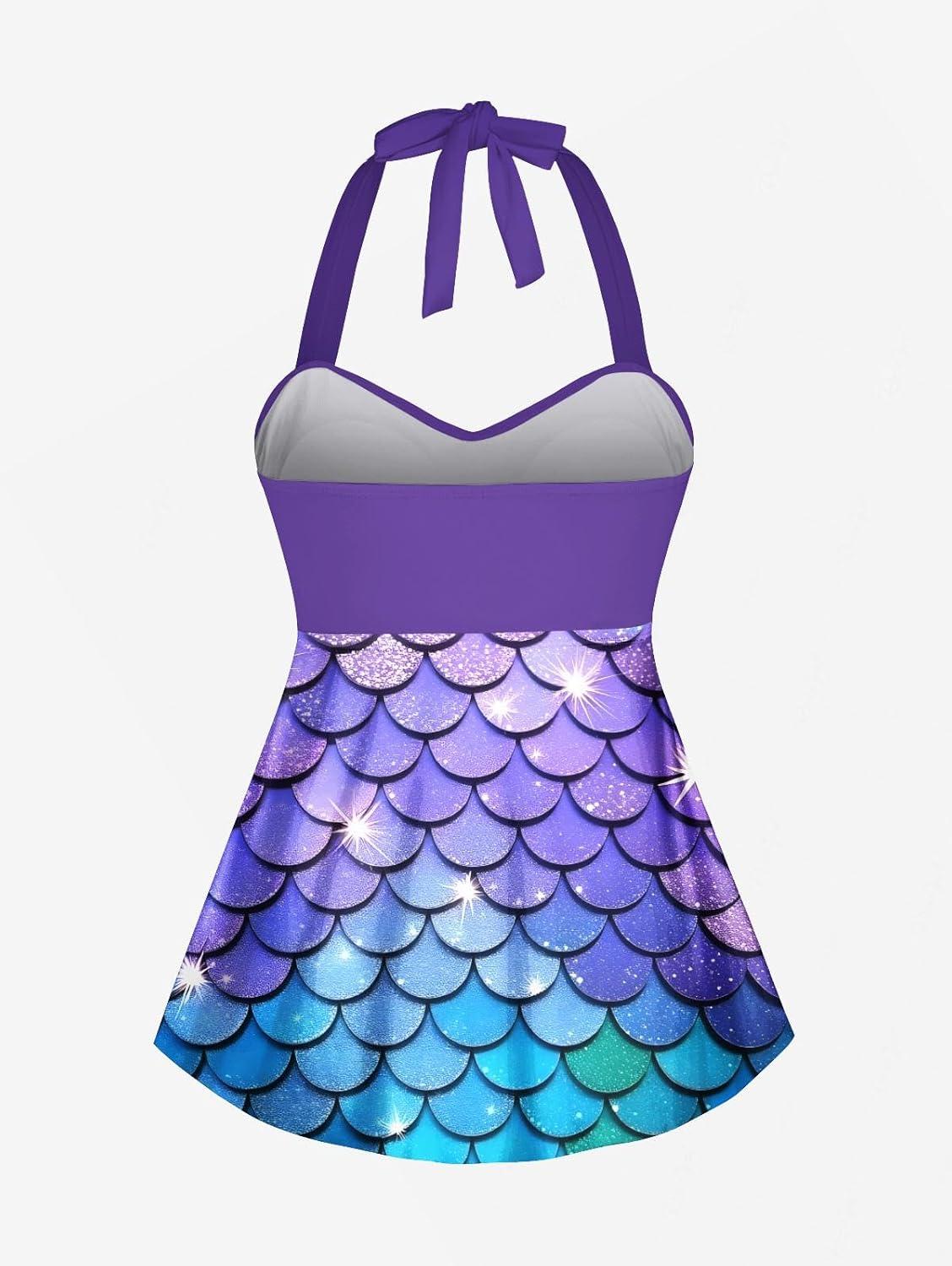 image:imageROSE GAL Women Plus Size Two Piece Modest Tankini Swimsuit 3D Mermaid Print Halter Tummy Control Bathing SuitPurple1