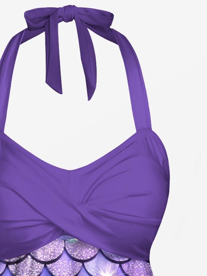 image:imageROSE GAL Women Plus Size Two Piece Modest Tankini Swimsuit 3D Mermaid Print Halter Tummy Control Bathing SuitPurple1