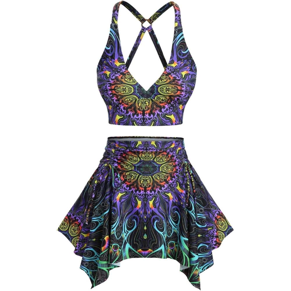 image:imageROSE GAL Women Plus Size Tribal Mandala Print Bikini Two Piece Swimsuit with Skirt Tummy Control Bathing SuitLight Purple