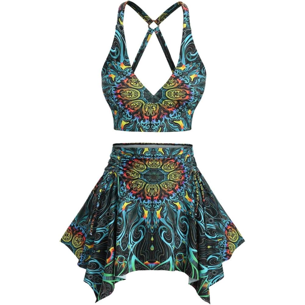 image:imageROSE GAL Women Plus Size Tribal Mandala Print Bikini Two Piece Swimsuit with Skirt Tummy Control Bathing SuitSky Blue