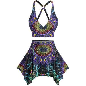 ROSE GAL Women Plus Size Tribal Mandala Print Bikini Two Piece Swimsuit with Skirt Tummy Control Bathing Suit(Light Purple)