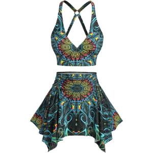 ROSE GAL Women Plus Size Tribal Mandala Print Bikini Two Piece Swimsuit with Skirt Tummy Control Bathing Suit(Sky Blue)