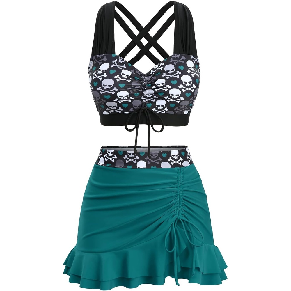 image:imageROSE GAL Plus Size Gothic Skulls 2 Piece Swimsuits for Women Two Piece Tankini SetGreen1