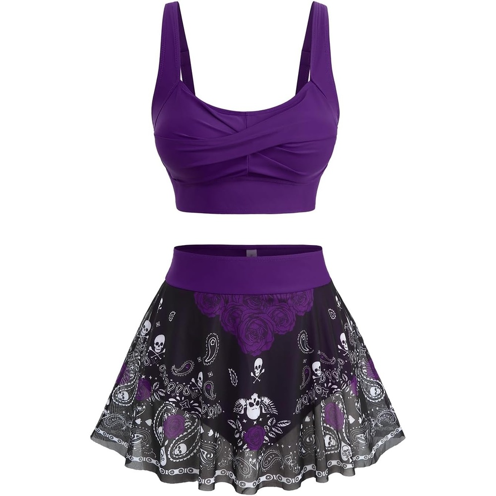 image:imageROSE GAL Plus Size Skulls Gothic 2 Piece Swimsuits for Women Goth Two Piece Tankini Set Cross Twist Padded Bathing SuitsPurple1
