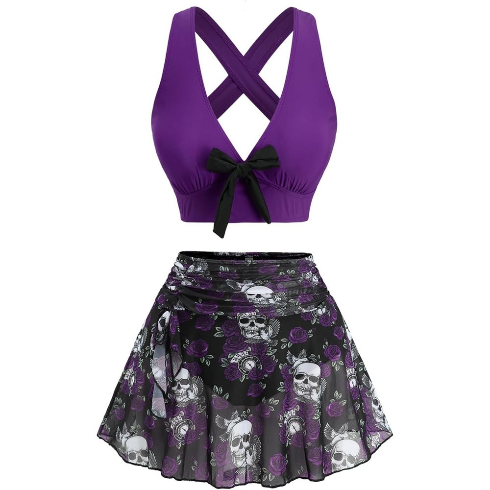 image:imageROSE GAL Women Plus Size Gothic High Waisted Bikini Two Piece Swimsuit with Skirt Tummy Control Bathing SuitDeep Purple
