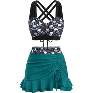 ROSE GAL Plus Size Gothic Skulls 2 Piece Swimsuits for Women Two Piece Tankini Set(Green_1)