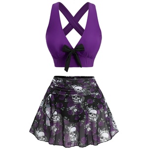 ROSE GAL Women Plus Size Gothic High Waisted Bikini Two Piece Swimsuit with Skirt Tummy Control Bathing Suit(Deep Purple)