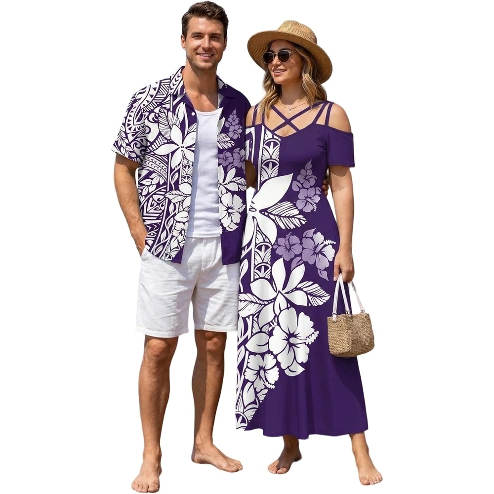 image:imageROSE GAL Matchable Couples Hawaiian Men Shirt and Women Cold Shoulder Crisscorss Short Sleeves Midi DressMenPurple
