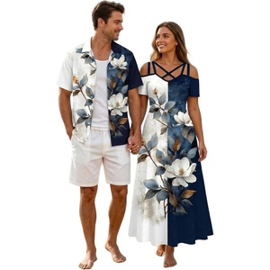 ROSE GAL Matchable Couples Hawaiian Men Shirt and Women Cold Shoulder Crisscorss Short Sleeves Midi Dress(Men/White)